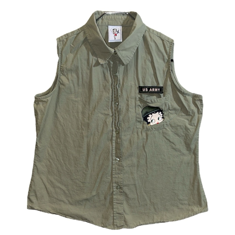 Vtg Betty Boop Shirt Ranger Style Sleeveless Button Down Safari Women's Large‎
